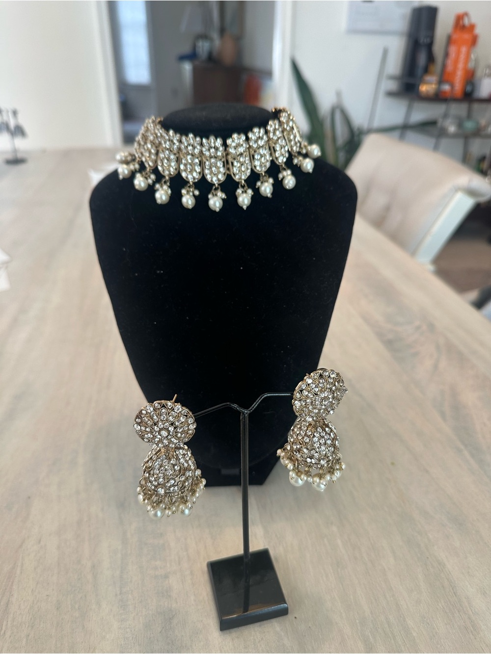 Gold-Tone Pearl & Crystal Choker Necklace with Matching Jhumka Earrings